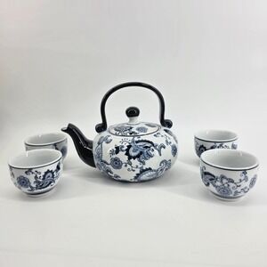 Vintage Pier 1 Blue White Porcelain Tea Set Teapot 4 Cups Paisley Chinoiserie